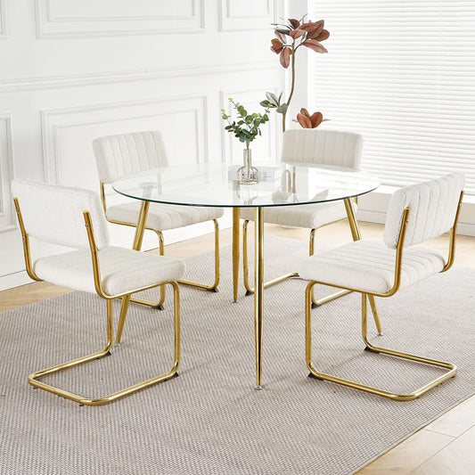 5 Piece Dining Room Set (Table With A Glass Round Table And Four Chairs, Transparent Tempered Glass Table Top, Gold-Plated Table Legs, Bow Chair Legs) - Gold / White