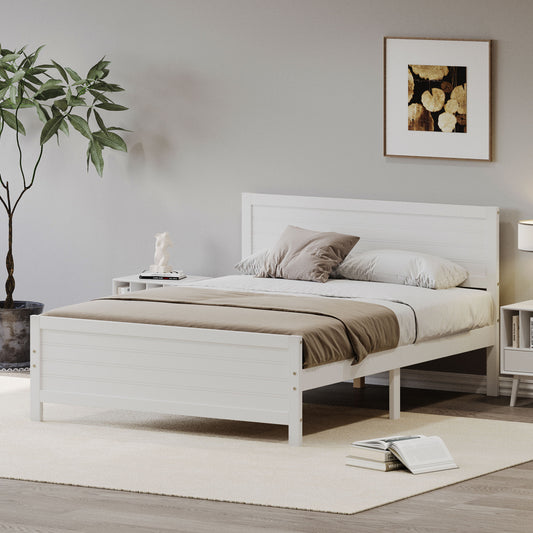 King Size Wood Platform Bed Frame With Headboard, Mattress Foundation With Wood Slat Support, No Box Spring Needed - White