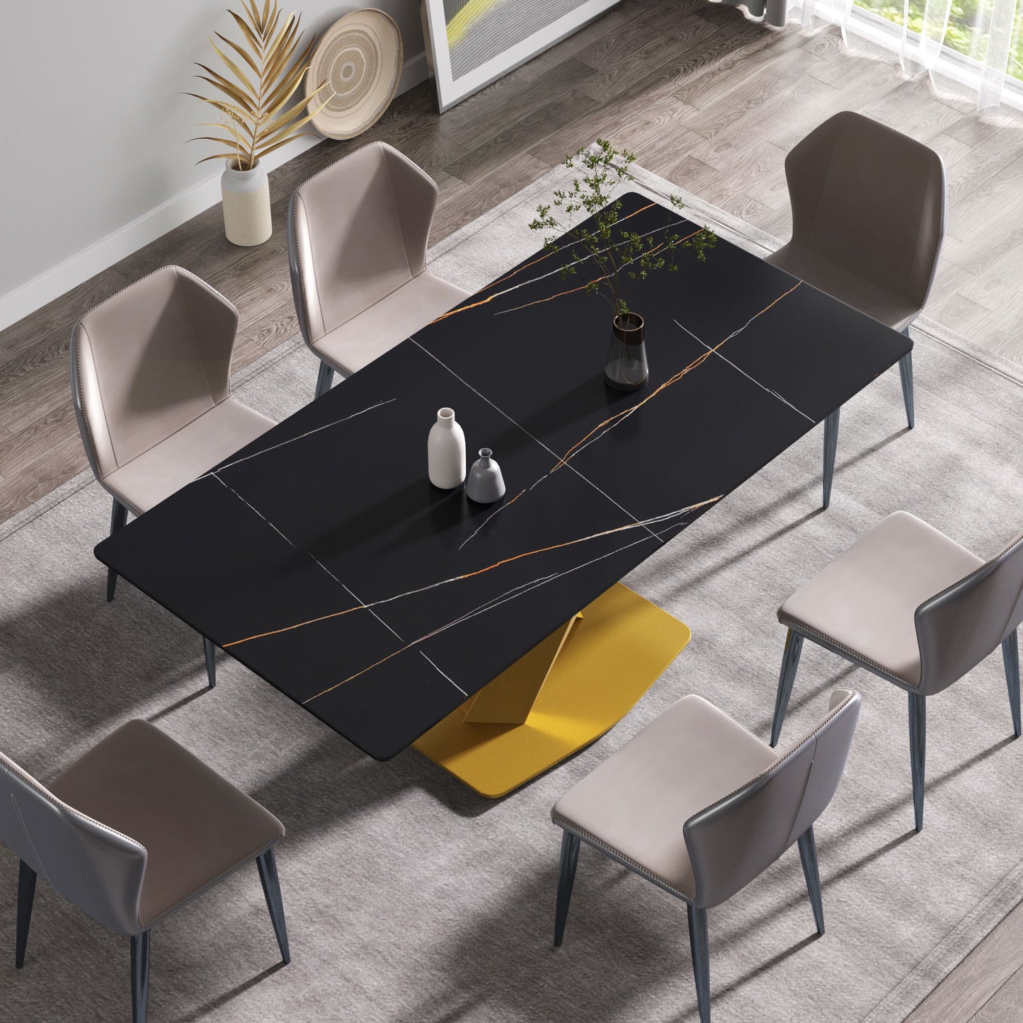 Modern Artificial Stone Round Carbon Steel Base Dining Table, Can Accommodate 6 People Artificial Stone Turntable - Black / Gold