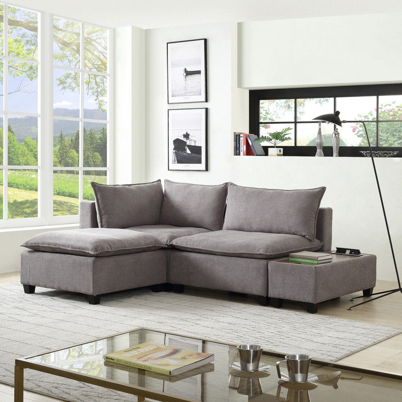 Madison - Fabric Sectional Loveseat Ottoman With USB Storage Console Table