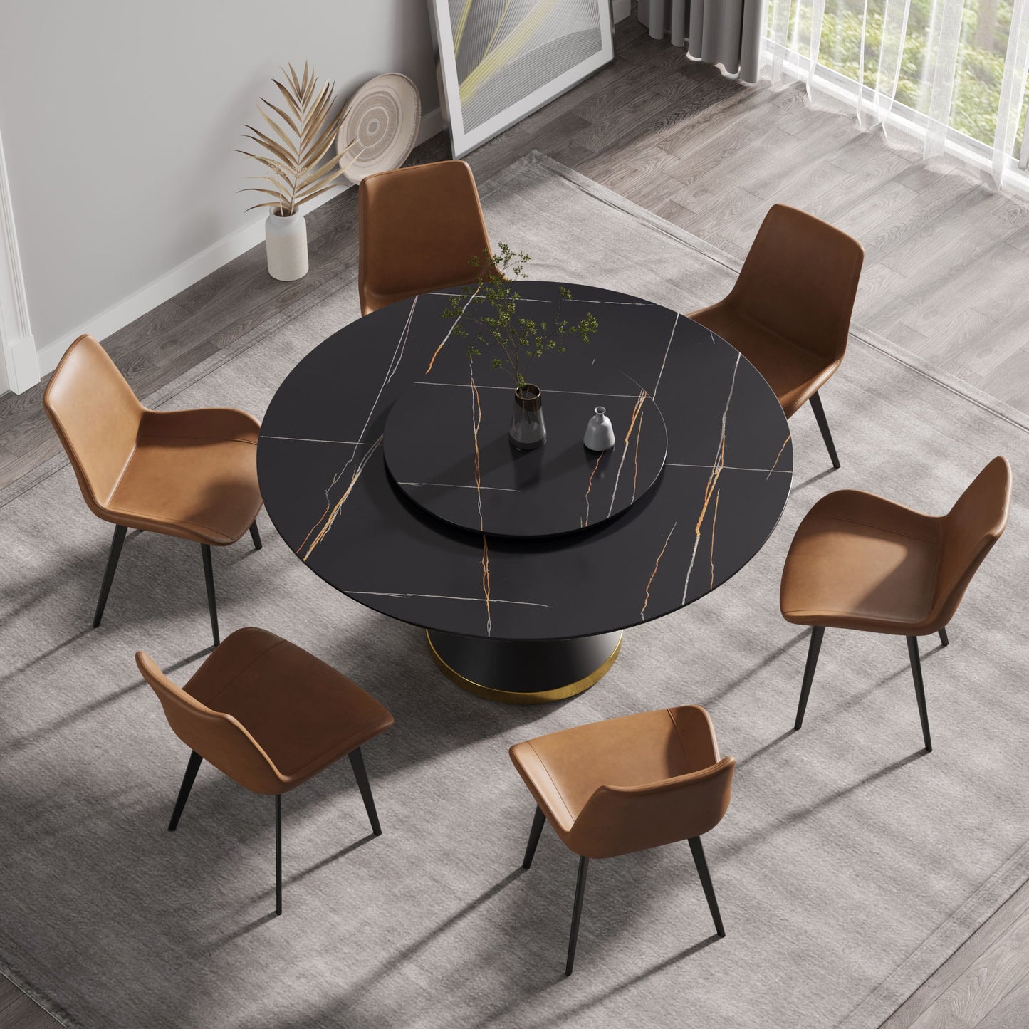 Modern Artificial Stone Round Carbon Steel Base Dining Table, Can Accommodate 6 People Artificial Stone Turntable - Black