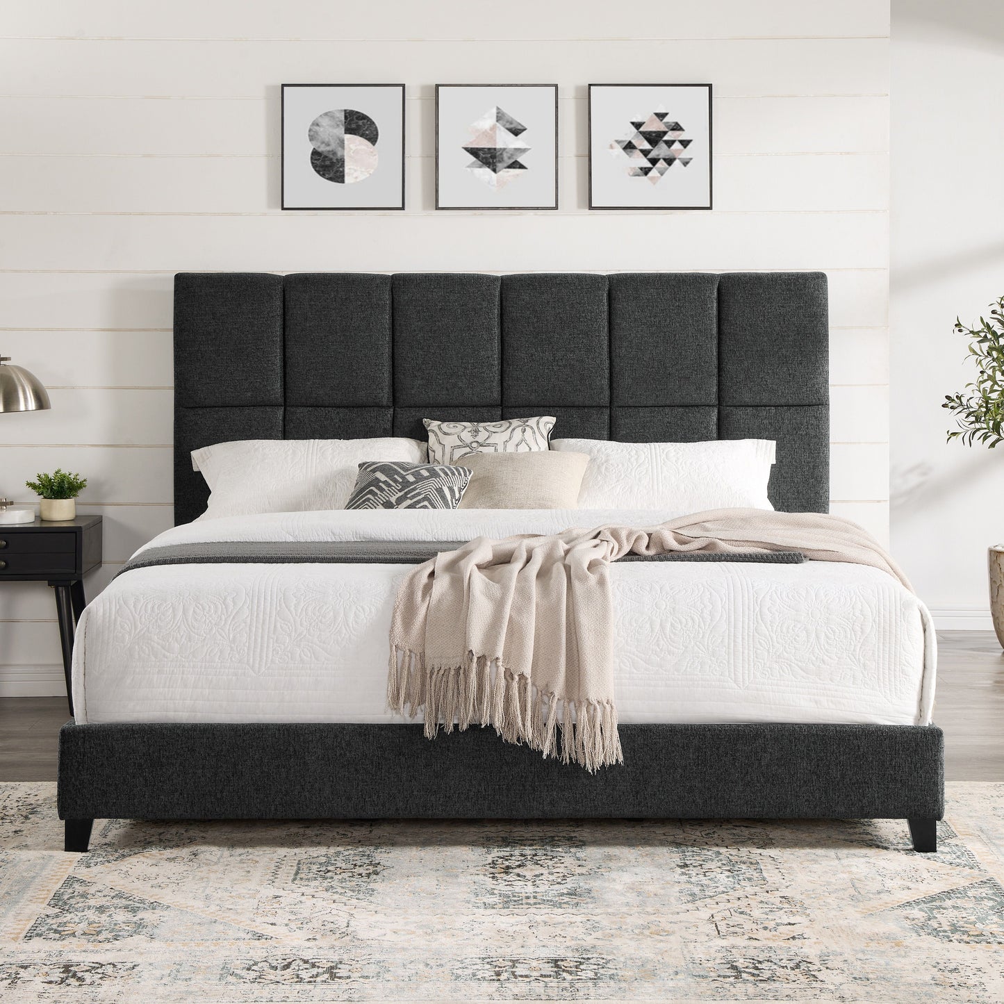 King Size Squares Upholstered Platform Bed - Gray