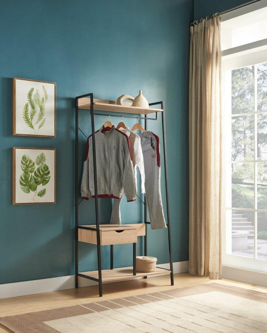 Metal Clothes Rack Open Wardrobe Free Standing With One Drawer Hanging Clothes Rod - Light Brown