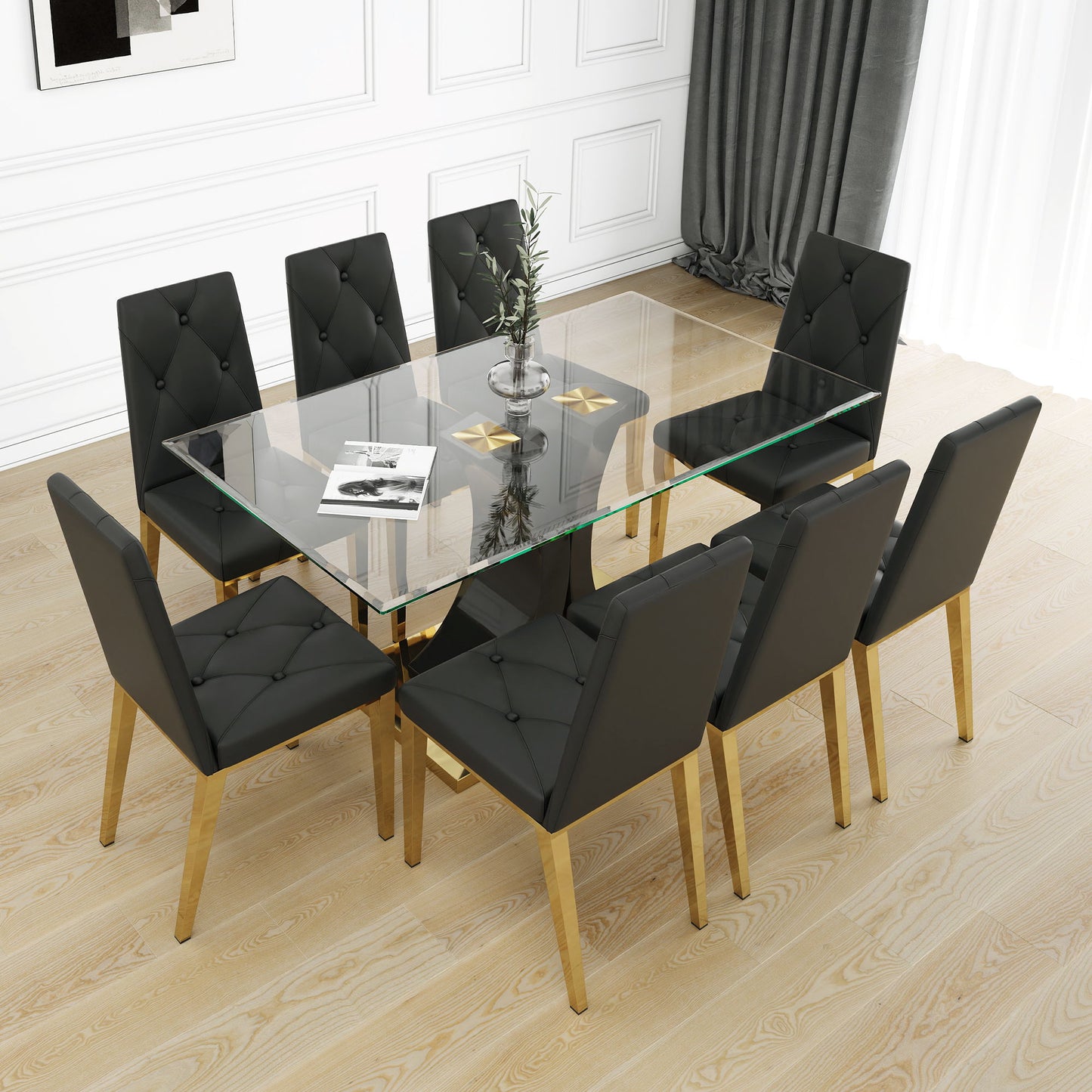 Modern Style Glass Dining Table, Elegant Transparent Design, Solid Support Base, Black Dining Chair Set, Gold-Plated Chair Legs, Suitable For Restaurant Kitchens