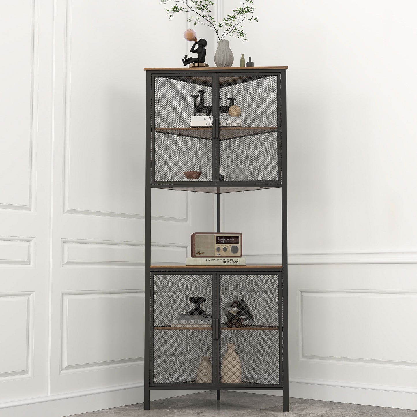 5 Tier Shelves With Metal Mesh Door, Bookcase Storage Shelf Corner Shelf For Small Space, Living Room - Black / Brown