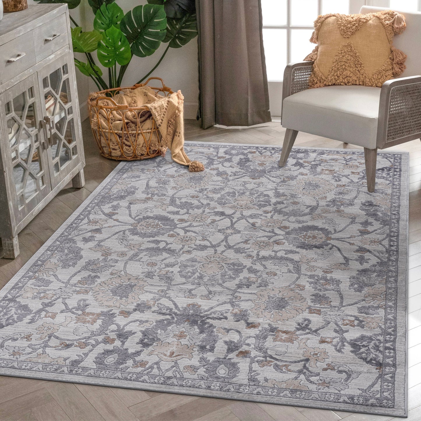 Marfi - 5' x 7' Oriental Non-Shedding Living Room Bedroom Dining Home Office Stylish And Stain Resistant Area Rug - Sand / Ivory