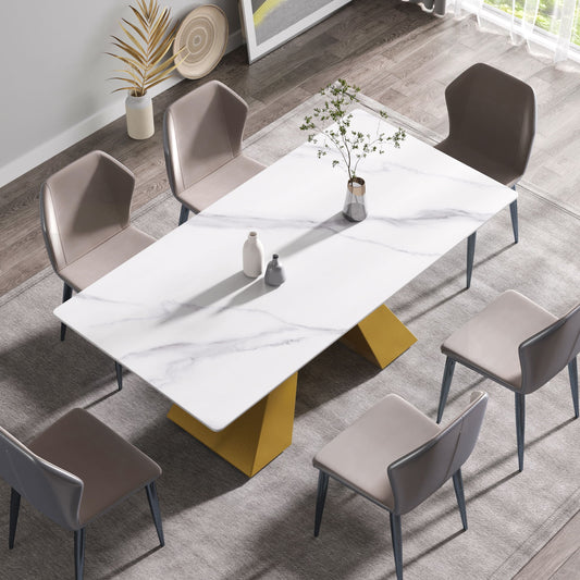 70.87" Modern Artificial Stone White Straight Edge Metal Leg Dining Table - White / Gold