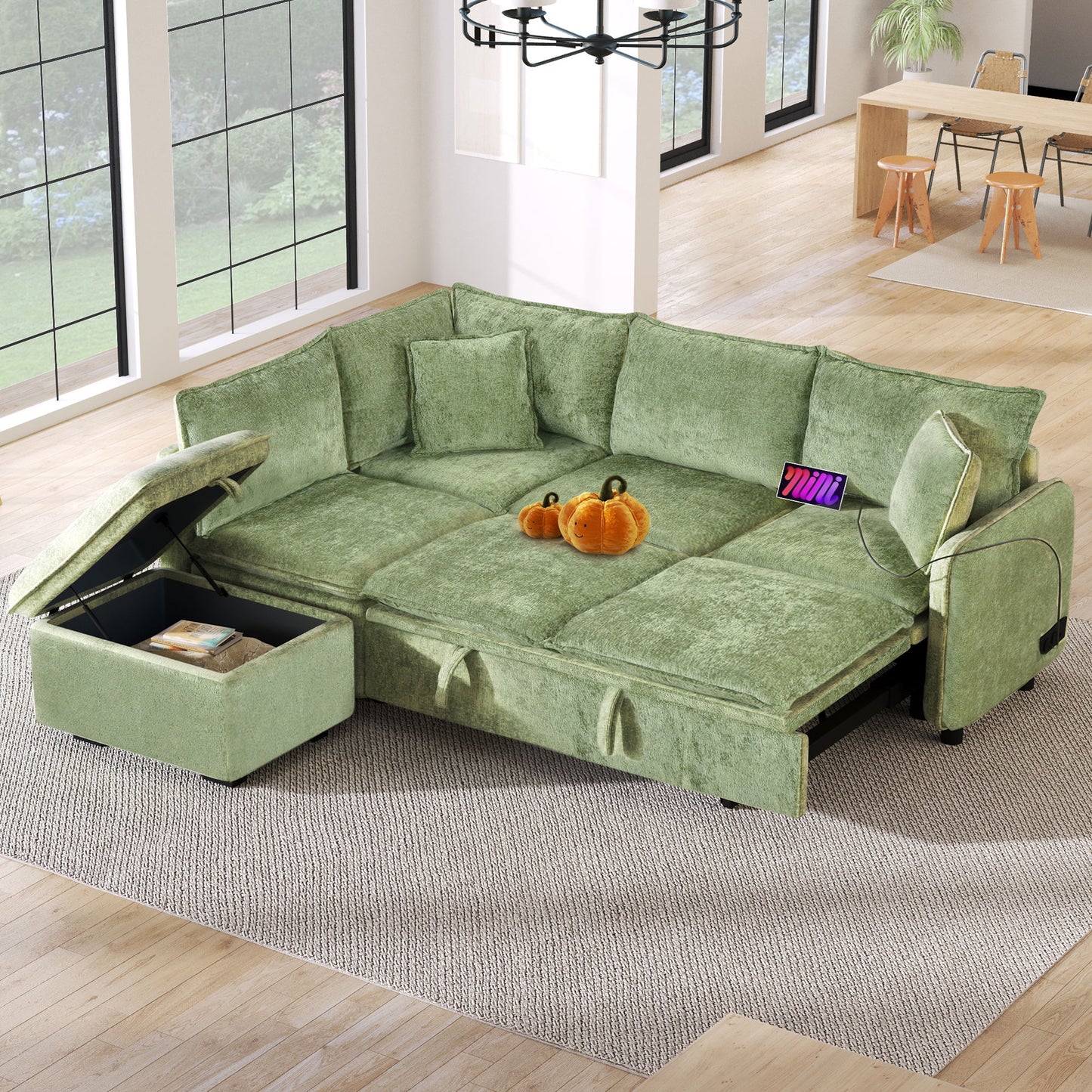 Convertible Sofa Bed Sectional Sofa Sleeper L-Shaped Sofa With A Storage Ottoman, Two Pillows, Two Power Sockets And Two USB Ports For Living Room