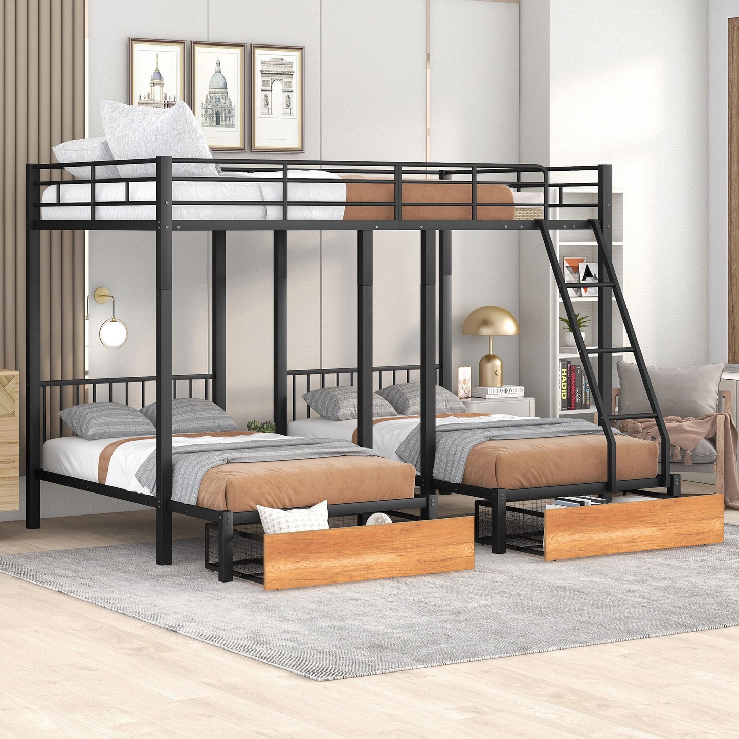 Bunk Bed, Metal Triple Bunk Bed With Drawers And Guardrails