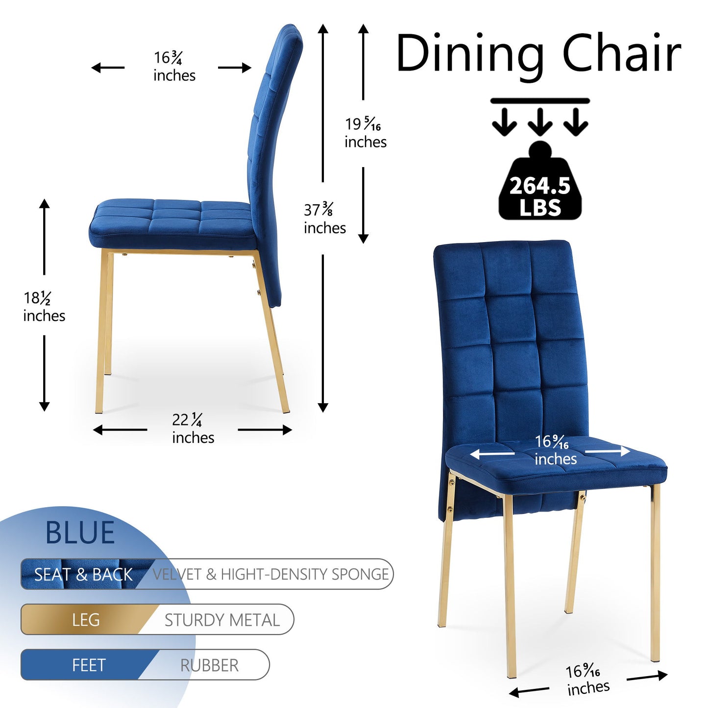 Velvet High Back Nordic Dining Chair Modern Fabric Chair With Golden Color Legs (Set of 2) - Dark Blue