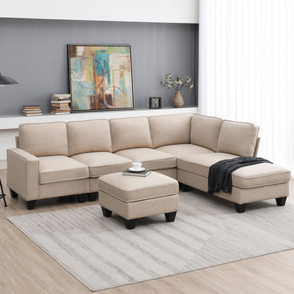 Modern L-Shaped Sectional Sofa, 7-Seat Linen Fabric Couch Set With Chaise Lounge And Convertible Ottoman For Living Room, Apartment, Office