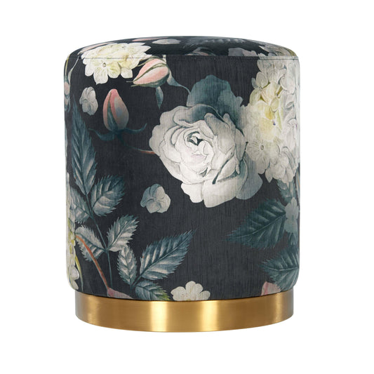 Opal - Floral Velvet Ottoman With Gold Base - Dark Gray