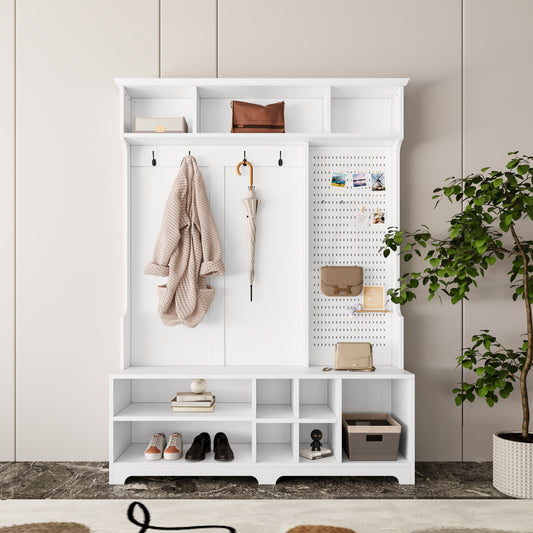 Hall Tree With Shoe Bench, Coat Rack, Shoe Storage, Storage Shelves And Pegboard, For Hallways, Halls And Bedrooms, White