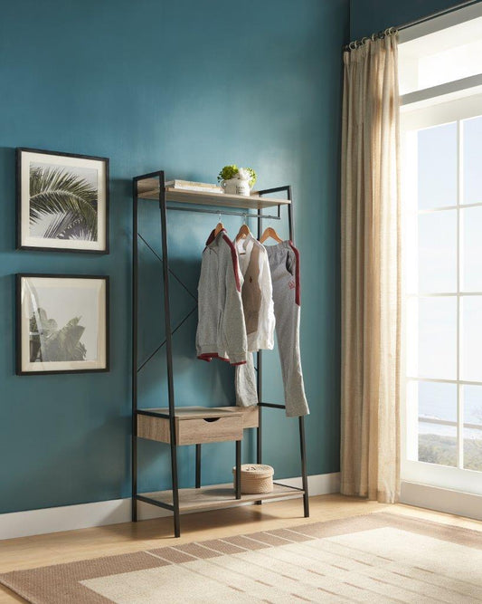 Metal Clothes Rack Open Wardrobe Free Standing With One Drawer Hanging Clothes Rod - Brown & Black Metal
