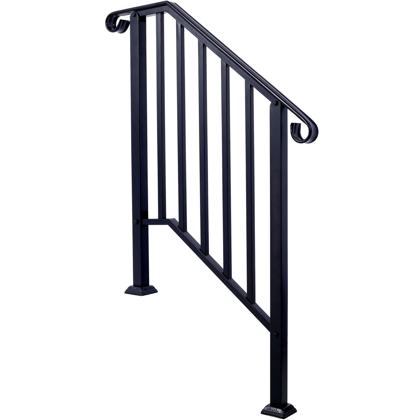 Handrails For Outdoor Steps, Fit 2 Or 3 Steps Outdoor Stair Railing, Picket#2 Wrought Iron Handrail, Flexible Porch Railing, Transitional Handrails For Concrete Steps Or Wooden Stairs - Black