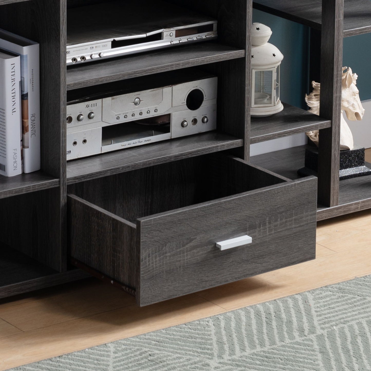 Contemporary TV Stand With Ten Shelves And One Drawer - Gray