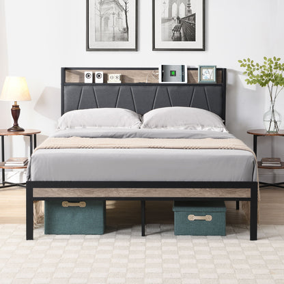 Metal Platform Bed Frame With Upholsteryolstery Storage Function Headboard And USB Liner And Footboard With Drawers, No Box Spring Needed, Large Under Bed Storage