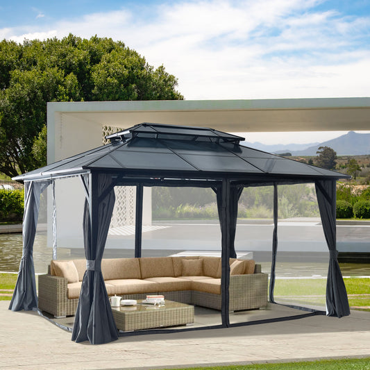 10'X13' Hardtop Gazebo, Outdoor Polycarbonate Double Roof Canopy, Aluminum Frame Permanent Pavilion With Curtains And Netting, Sunshade For Garden, Patio, Lawns - Black