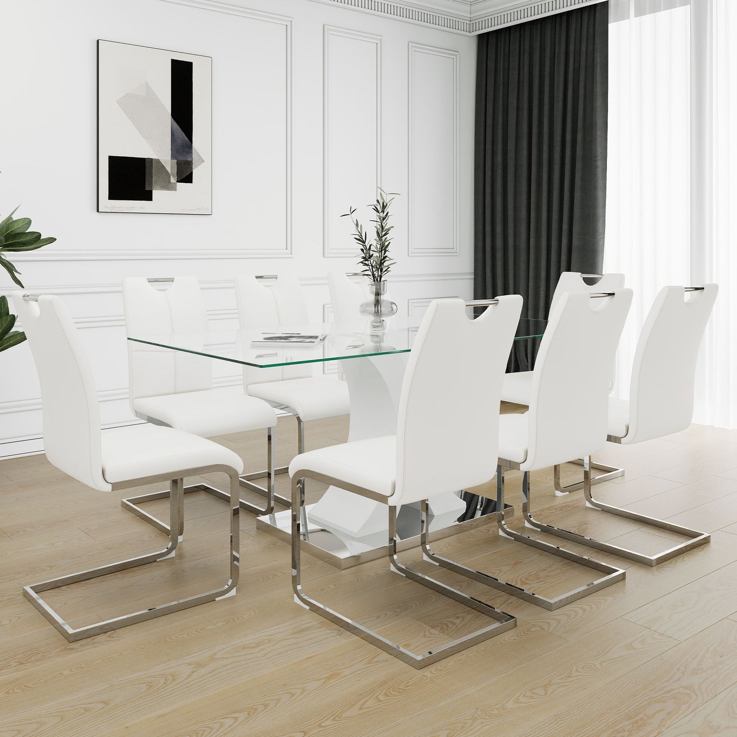 Modern Style Glass Dining Table With Elegant Transparent Design, Solid Support Base, Pale Yellow Dining Chair Set With Gold-Plated Legs, Suitable For Restaurant Kitchens