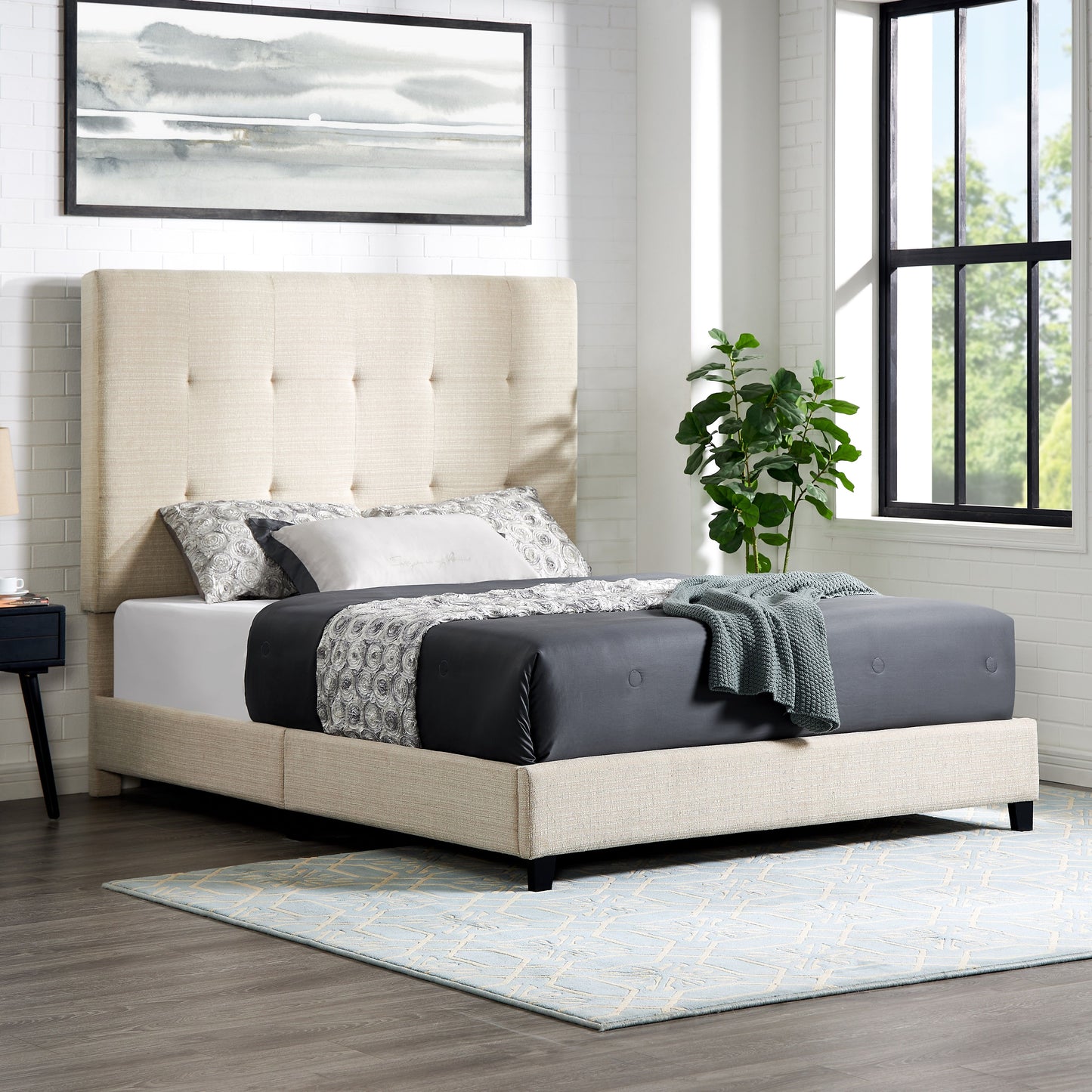 Queen Size Beige Tufted Upholstered Platform Bed