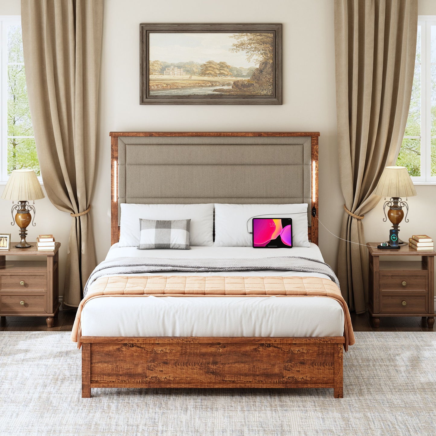 Queen Size Bed Frame With Upholstered Headboard, Queen Bed Frame With Charging Station And LED Lights, Wood Slats, No Box Spring Needed - Gray / Dark Brown