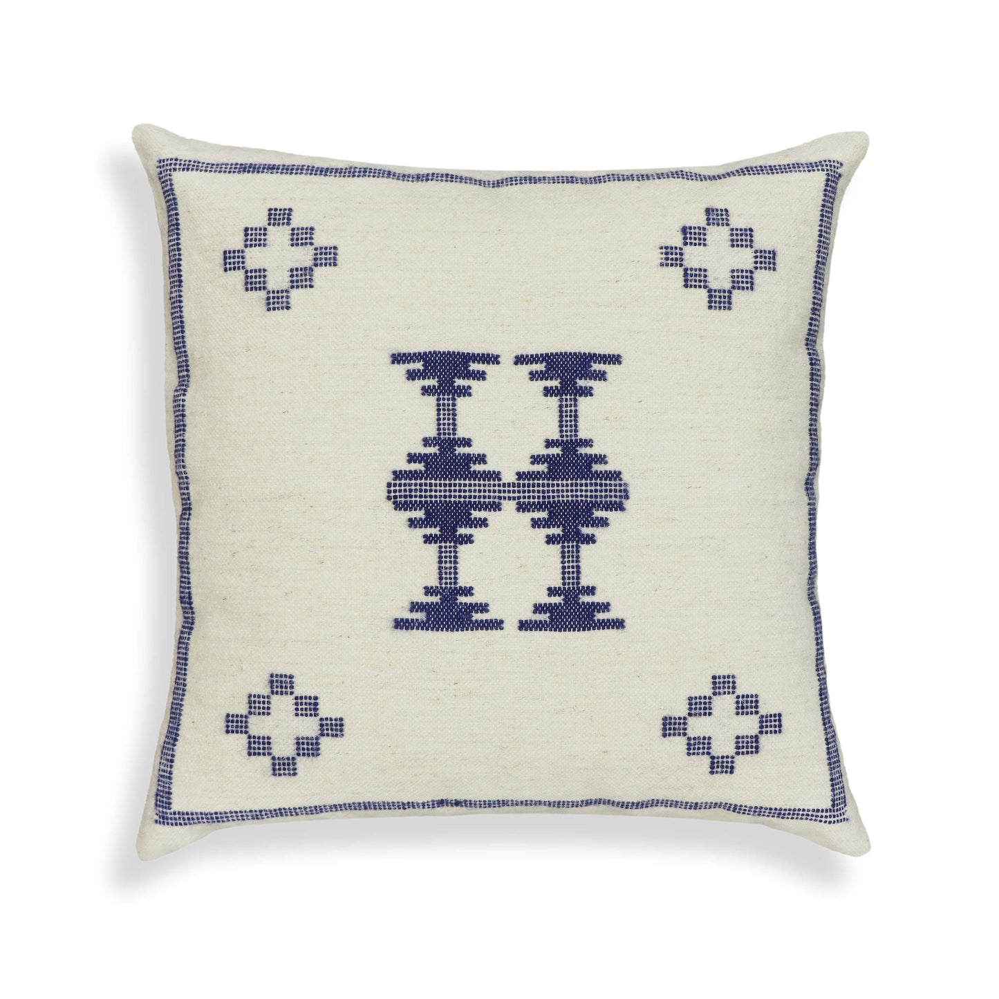 Aztec - Wool Square Accent Cushion - Cream / Indigo