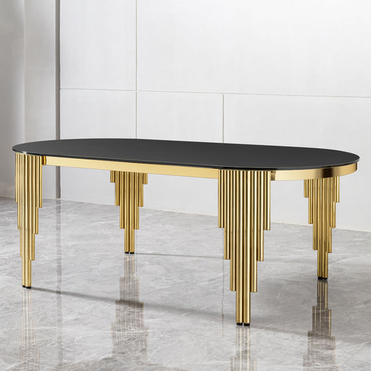 Glass Top Oval Dining Table With Gold Stainless Steel Base For 8 Seats - Gold / Black