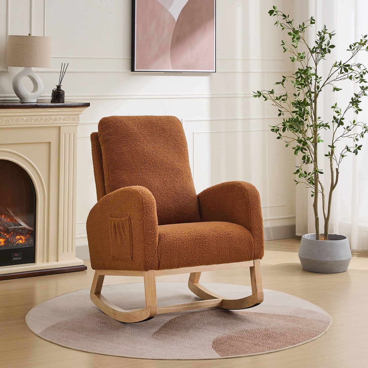 Rocking Chair For Nursery, Sherpa Glider Chair With High Back And Side Pocket, Rocking Accent Armchair With Rubber Wood Legs For Living Room / Bedroom