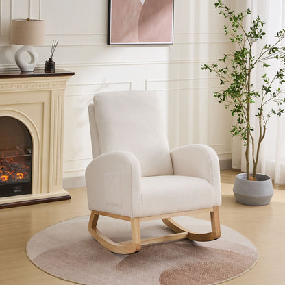 Rocking Chair For Nursery, Sherpa Glider Chair With High Back And Side Pocket, Rocking Accent Armchair With Rubber Wood Legs For Living Room / Bedroom