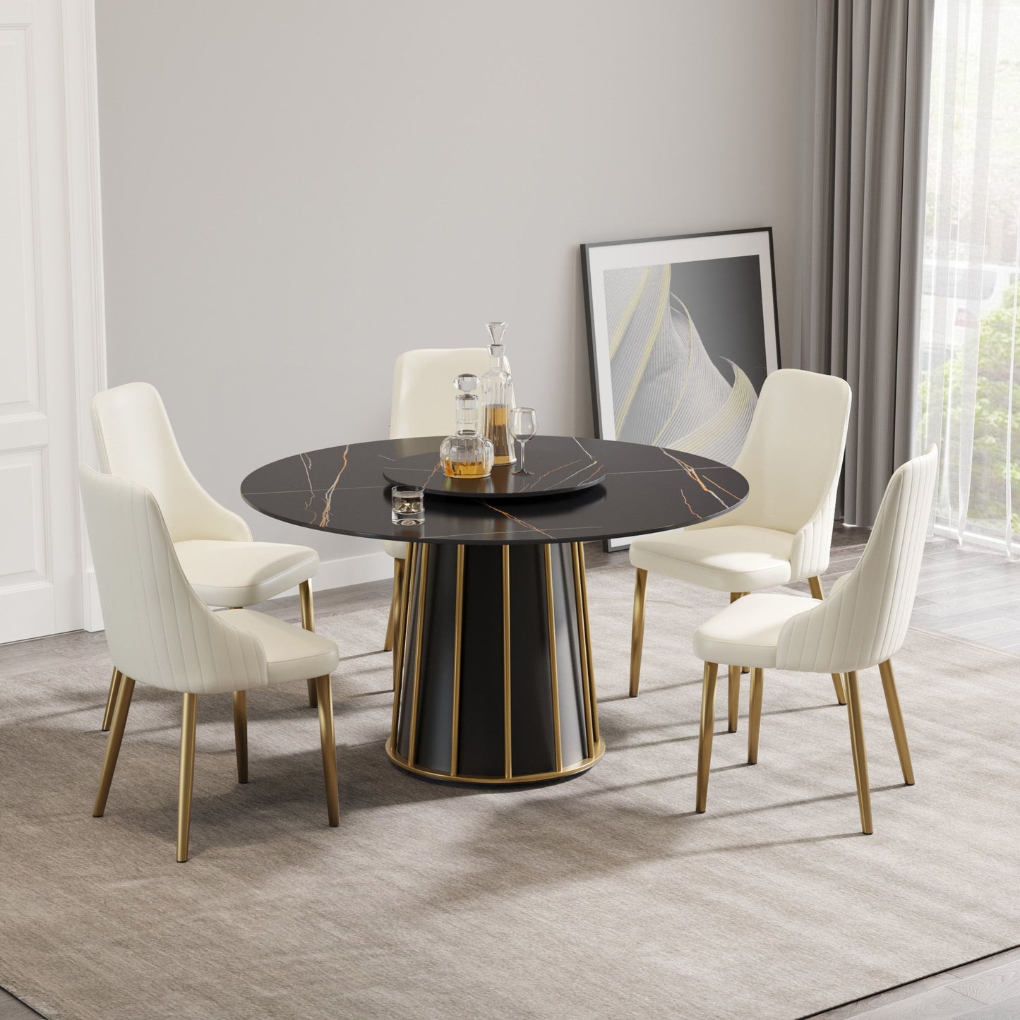 Modern Artificial Stone Round Metal Iron Base Dining Table, Can Accommodate 6 People-23.62" Artificial Stone Turntable (Not Including Chairs.) - Black