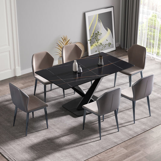 Modern Artificial Stone Straight Edge Metal X-Leg Dining Table, 6 People - Black