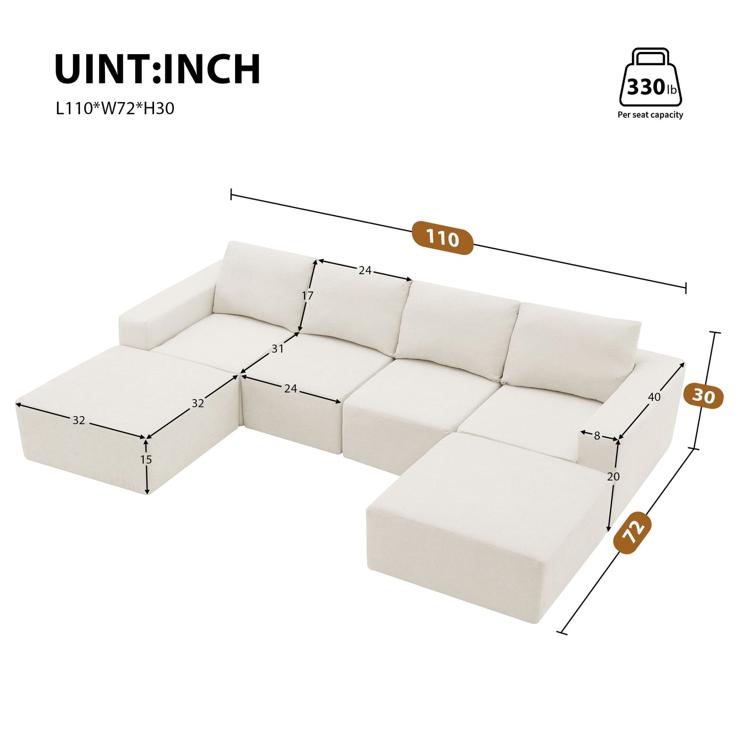 Modular U Shaped Sectional Sofa, Luxury Chenille Floor Couch Set, Upholstered Indoor Furniture, Foam-Filled Sleeper Sofa Bed For Living Room, Bedroom, Free Combination - Beige