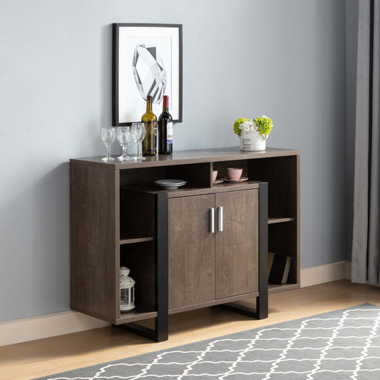 Wine Cabinet, Kitchen Bar Display Cabinet With 4 Shelves & Center Cabinet - Walnut Oak / Black