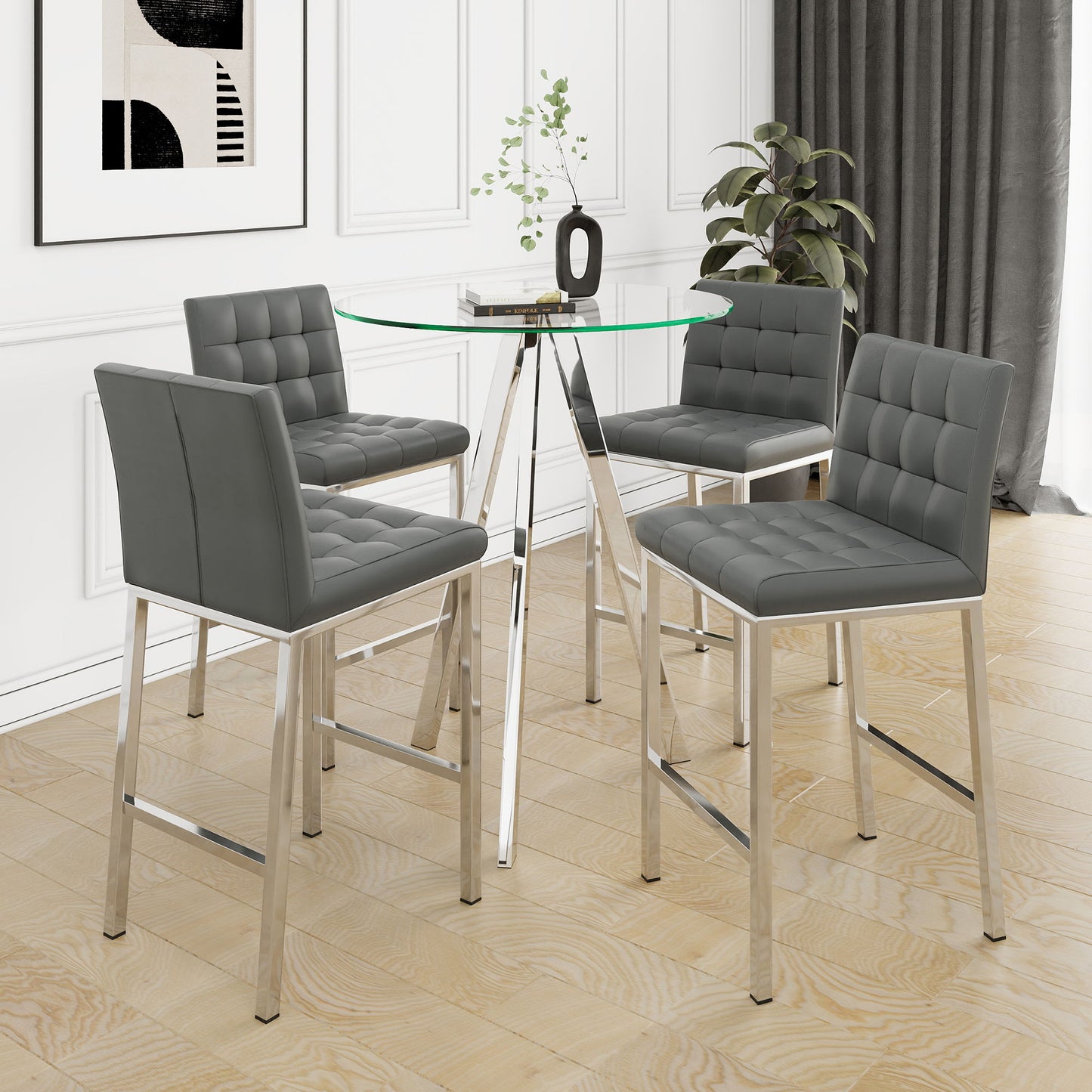 Stylish PU Fabric Design, Electroplated Metal Legs, Round Tempered Glass Table Top, Bar Chair Cover, Suitable For Bars, Restaurants, Bedroom Bar Chairs With Chrome Legs