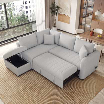 L-Shaped Sectional Pull Out Sofa Bed Sleeper Sofa With Two USB Ports, Two Power Sockets And A Movable Storage Ottoman