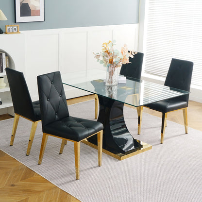 Modern Style Glass Dining Table, Elegant Transparent Design, Solid Support Base, Black Dining Chair Set, Gold-Plated Chair Legs, Suitable For Restaurant Kitchens