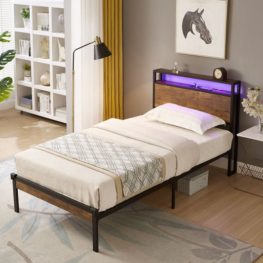 Twin Size Metal Platform Bed Frame With Wooden Headboard And Footboard With USB Liner, LED Lights, No Box Spring Needed, Large Under Bed Storage - Brown