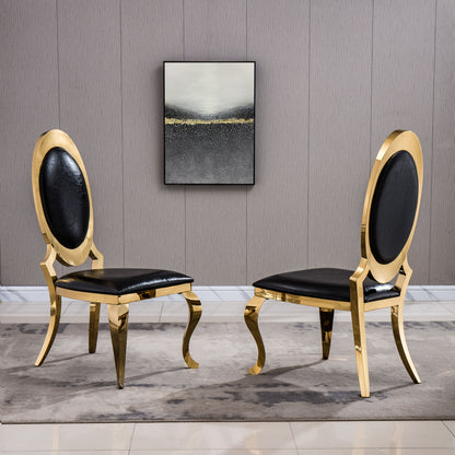 Leatherette Dining Chair With Oval Backrest (Set of 2), Stainless Steel Legs - Gold Frame