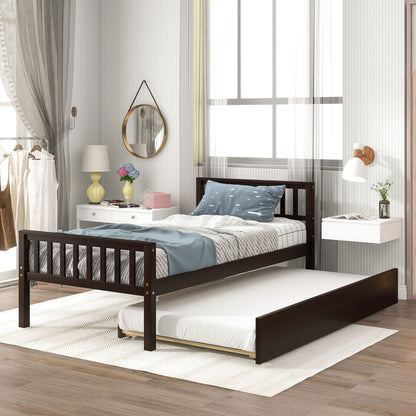 Twin Bed With Trundle, Platform Bed Frame With Headboard And Footboard, For Bedroom Small Living Space, No Box Spring Needed