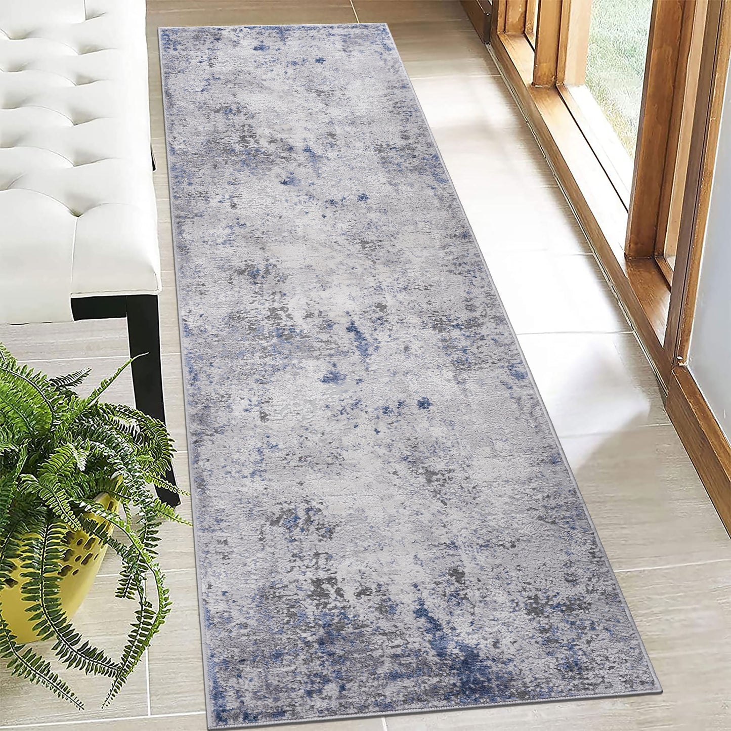 2' x 8' Abstract Non-Shedding Living Room Bedroom Dining Home Office Stylish And Stain Resistant Area Rug - Silver / Blue