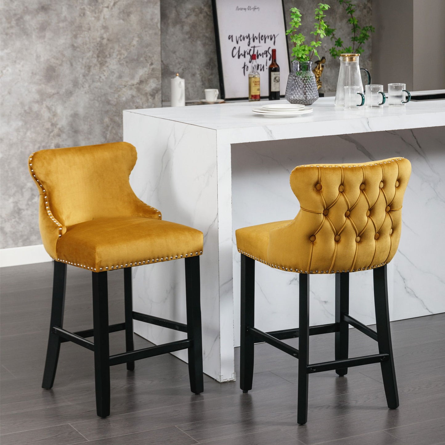 Contemporary Velvet Upholstered Wing-Back Barstools With Button Tufted Decoration And Wooden Legs, And Chrome Nailhead Trim, Leisure Style Bar Chairs, Bar Stools (Set of 2)