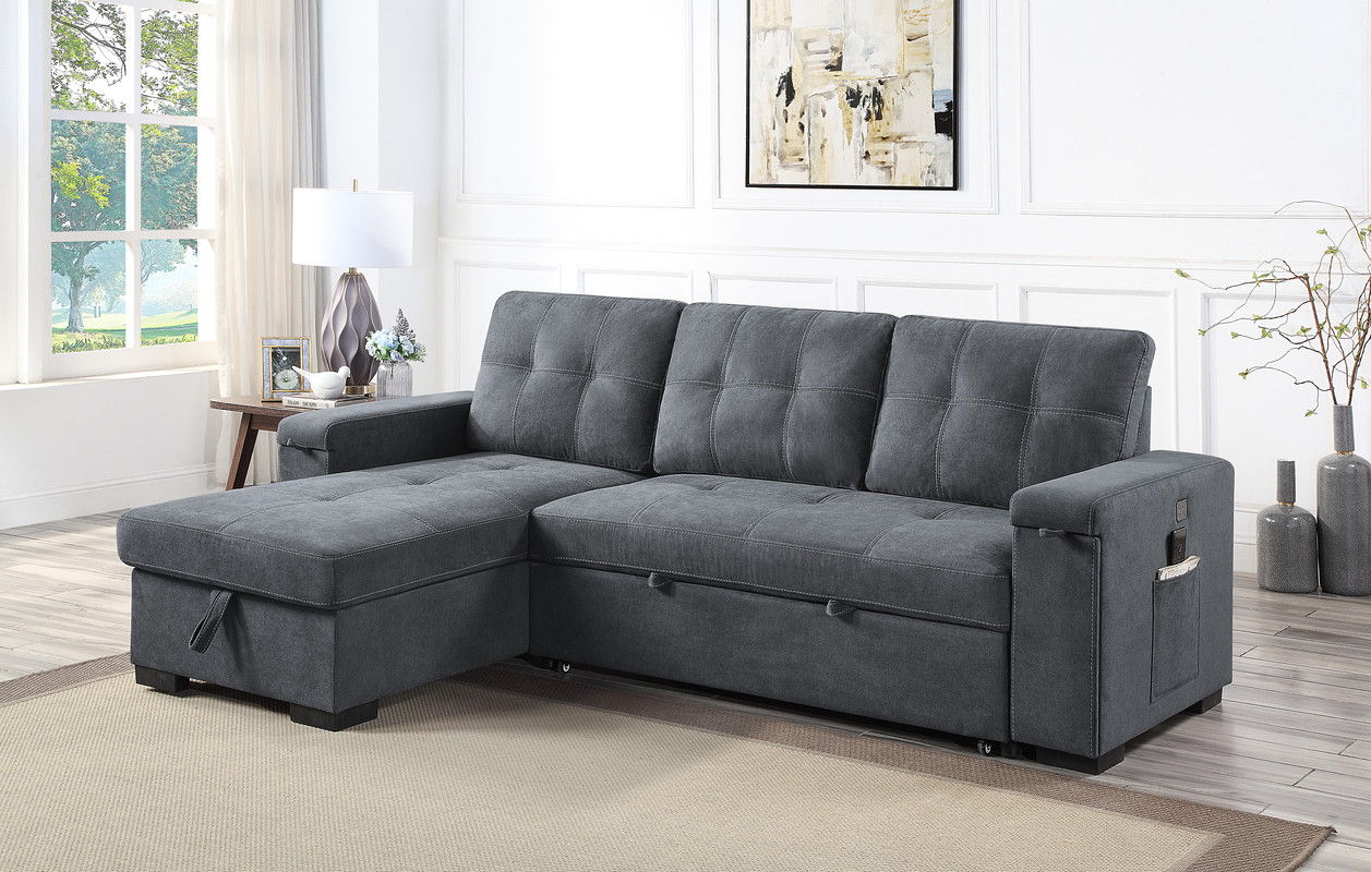 Toby - Woven Fabric Reversible Sleeper Sectional Sofa With Storage Chaise Cup Holder Charging Ports And Pockets