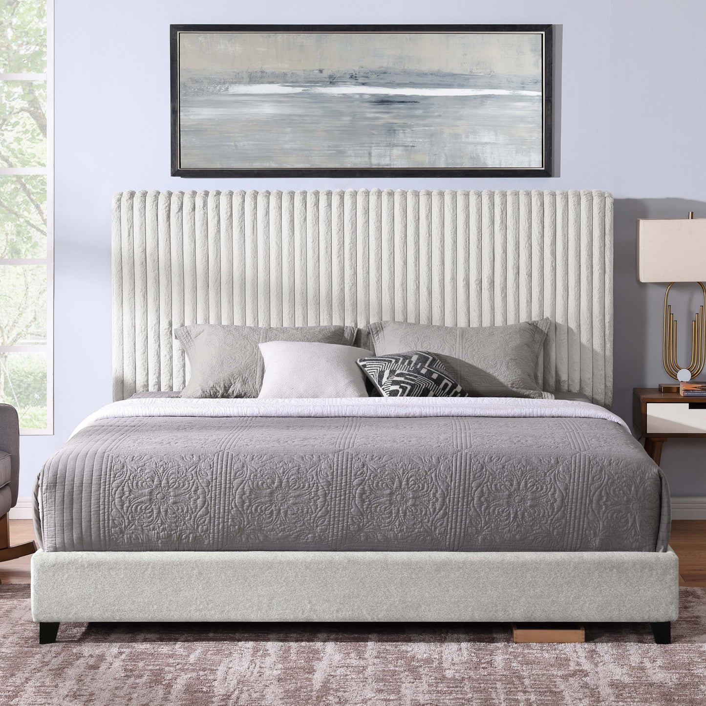 King Size Upholstered Platform Bed - Minky Stone