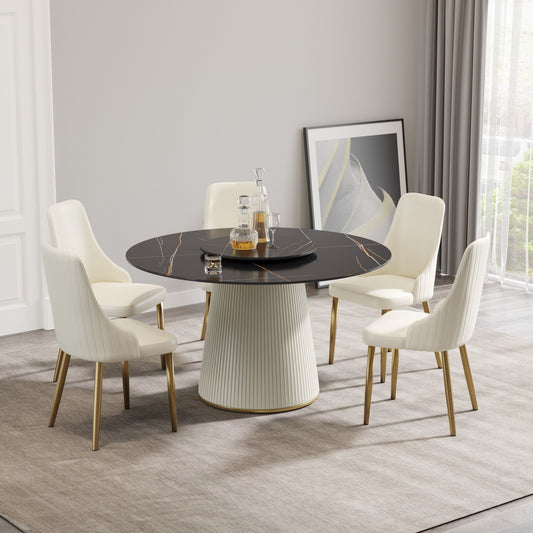 Modern Artificial Stone Round Plywood PU Base Dining Table, Can Accommodate 6 People-23.6" Artificial Stone Turntable (Not Including Chairs) - Black / Beige