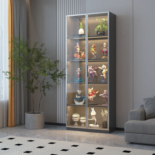 Best Selling New Design Double Door Metal Glass Display Storage Cabinet With Light Strip For Living Room - Gray