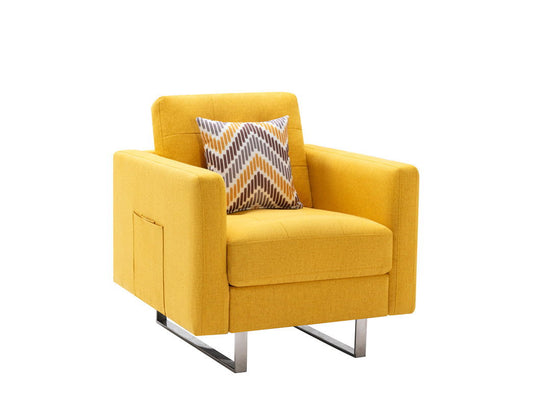 Victoria - Linen Fabric Armchair With Metal Legs, Side Pockets, And Pillow