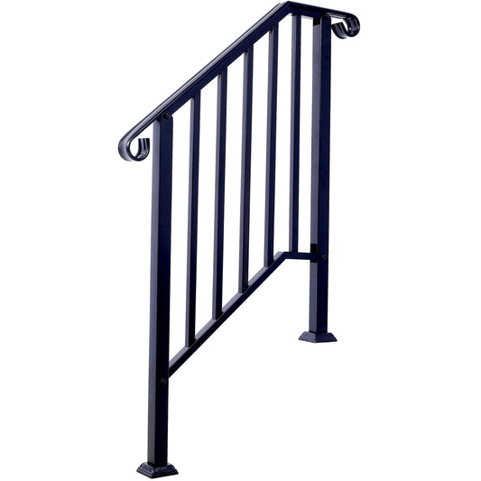 Handrails For Outdoor Steps, Fit 2 Or 3 Steps Outdoor Stair Railing, Picket#2 Wrought Iron Handrail, Flexible Porch Railing, Transitional Handrails For Concrete Steps Or Wooden Stairs - Black