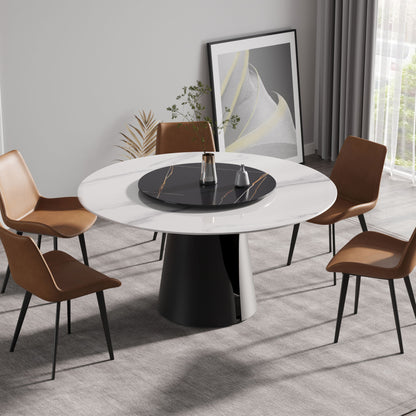 Modern Artificial Stone Round Carbon Steel Base Dining Table, Can Accommodate 6 People, Black Artificial Stone Turntable