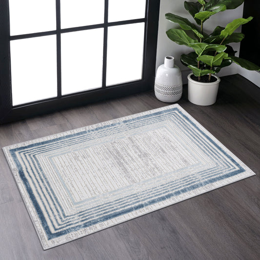 Marfi - 2' x 3' Bordered Non-Shedding Living Room Bedroom Dining Home Office Stylish And Stain Resistant Area Rug - Blue / Ivory