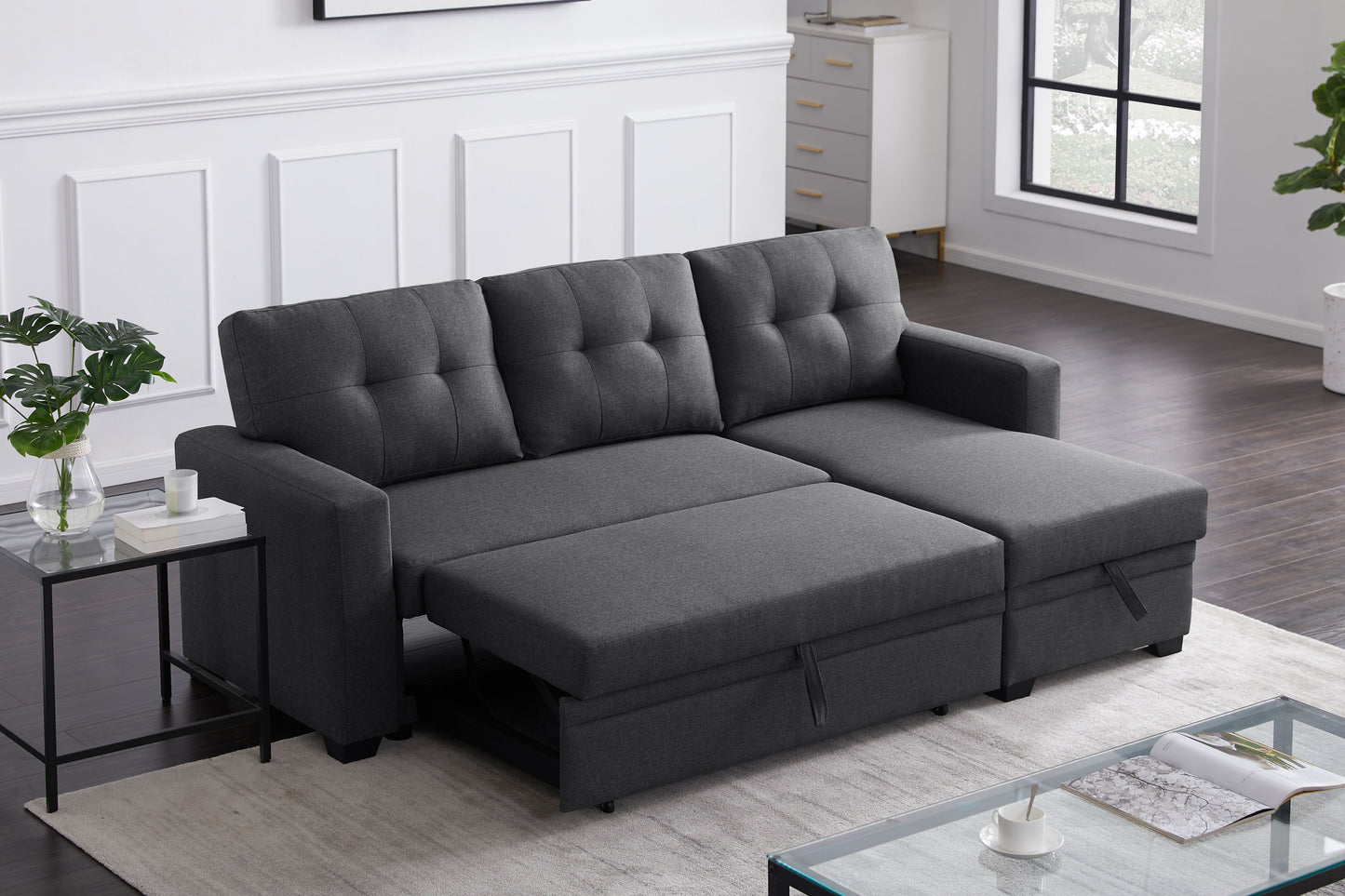 Upholstered Pull Out Sectional Sofa With Chaise